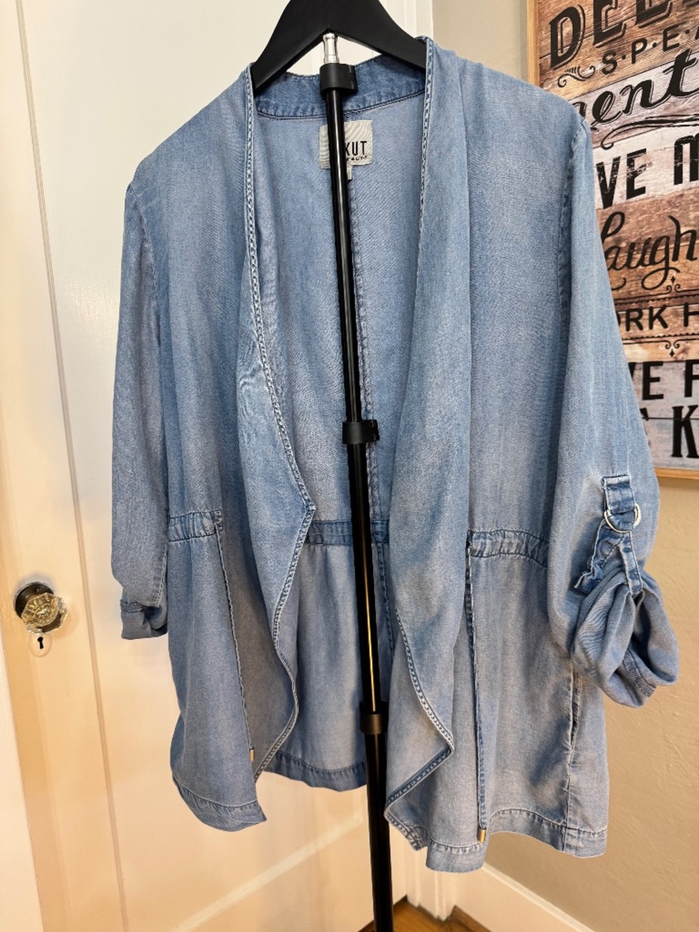 KUT from the Kloth Light Wash Chambray Draped Open Utility Jacket Medium